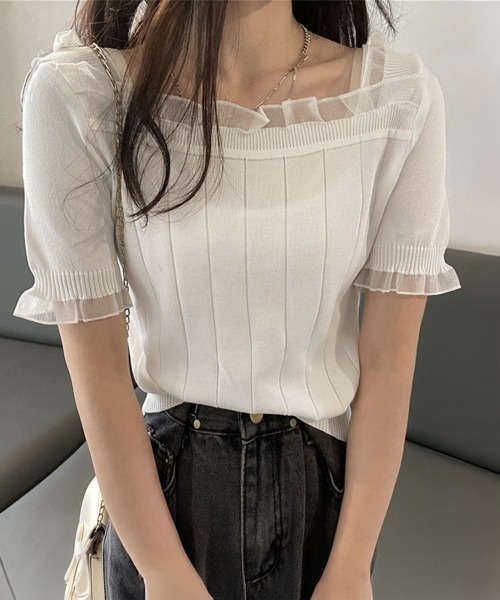 Miniministore(ミニミニストア)の「スクエアネック サマーニット レース付き(ニット/セーター・レディース・ブラック/ピンクベージュ/ホワイト・FREE)」の18枚目の写真