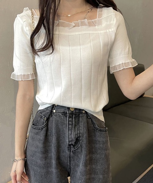Miniministore(ミニミニストア)の「スクエアネック サマーニット レース付き(ニット/セーター・レディース・ブラック/ピンクベージュ/ホワイト・FREE)」の19枚目の写真