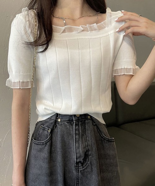 Miniministore(ミニミニストア)の「スクエアネック サマーニット レース付き(ニット/セーター・レディース・ブラック/ピンクベージュ/ホワイト・FREE)」の12枚目の写真