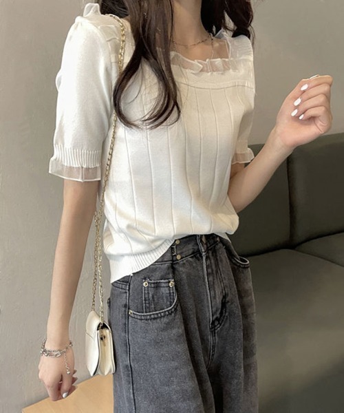 Miniministore(ミニミニストア)の「スクエアネック サマーニット レース付き(ニット/セーター・レディース・ブラック/ピンクベージュ/ホワイト・FREE)」の13枚目の写真