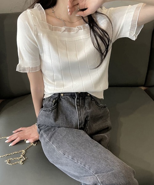 Miniministore(ミニミニストア)の「スクエアネック サマーニット レース付き(ニット/セーター・レディース・ブラック/ピンクベージュ/ホワイト・FREE)」の14枚目の写真