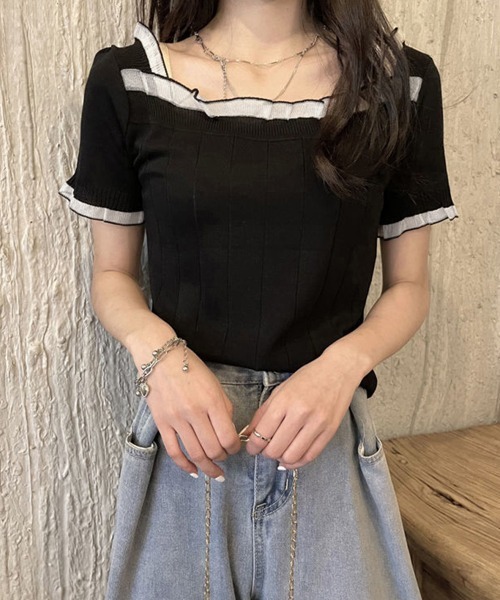 Miniministore(ミニミニストア)の「スクエアネック サマーニット レース付き(ニット/セーター・レディース・ブラック/ピンクベージュ/ホワイト・FREE)」の15枚目の写真