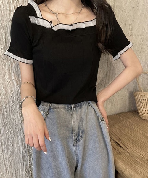 Miniministore(ミニミニストア)の「スクエアネック サマーニット レース付き(ニット/セーター・レディース・ブラック/ピンクベージュ/ホワイト・FREE)」の16枚目の写真