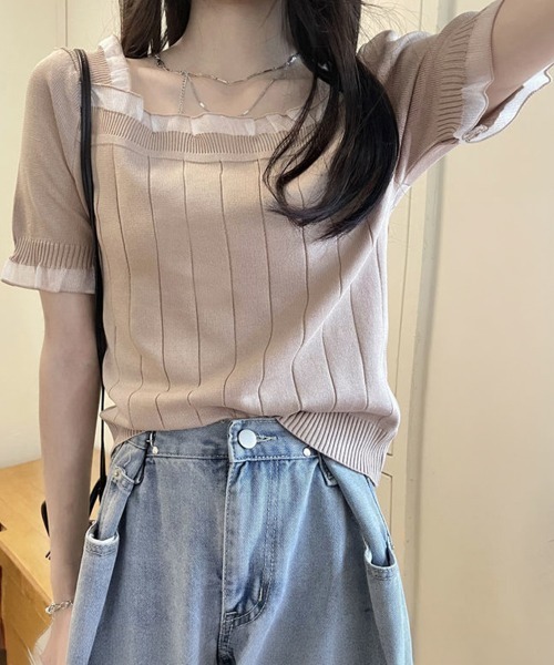 Miniministore(ミニミニストア)の「スクエアネック サマーニット レース付き(ニット/セーター・レディース・ブラック/ピンクベージュ/ホワイト・FREE)」の17枚目の写真