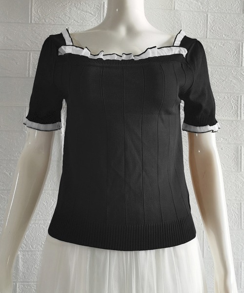 Miniministore(ミニミニストア)の「スクエアネック サマーニット レース付き(ニット/セーター・レディース・ブラック/ピンクベージュ/ホワイト・FREE)」の6枚目の写真