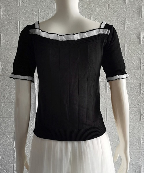 Miniministore(ミニミニストア)の「スクエアネック サマーニット レース付き(ニット/セーター・レディース・ブラック/ピンクベージュ/ホワイト・FREE)」の8枚目の写真