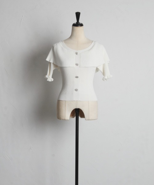 tocco closet(トッコ クローゼット)の「ビジュー飾り釦付きケープライクリブニットプルオーバー(ニット/セーター・レディース・ミント/ブラック/オフホワイト・M)」の16枚目の写真