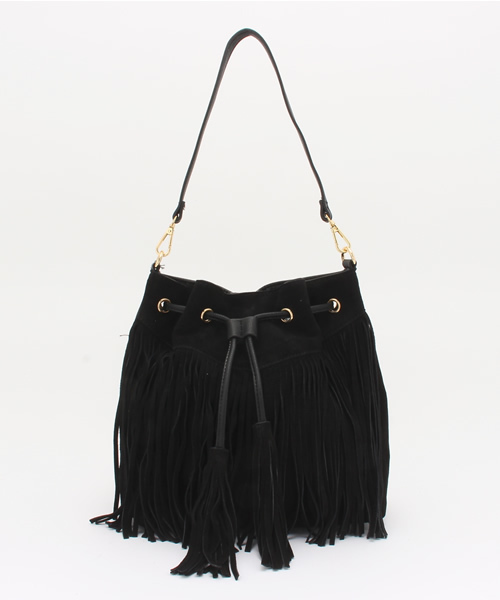 mystic（ミスティック）の「【mystic】スエードフリンジ巾着ショルダー（ショルダーバッグ・レディース・ブラック/キャメル/グレー・ﾌﾘ-）」の2枚目の写真