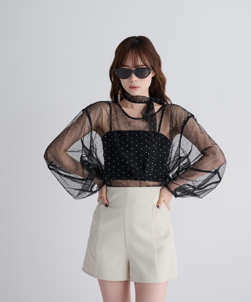 MERLOT(メルロー)の「ラメプリント2wayシアーブラウス(シャツ/ブラウス・レディース・ブラック/ベージュ・FREE)」の3枚目の写真