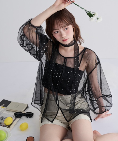 MERLOT(メルロー)の「ラメプリント2wayシアーブラウス(シャツ/ブラウス・レディース・ブラック/ベージュ・FREE)」の13枚目の写真