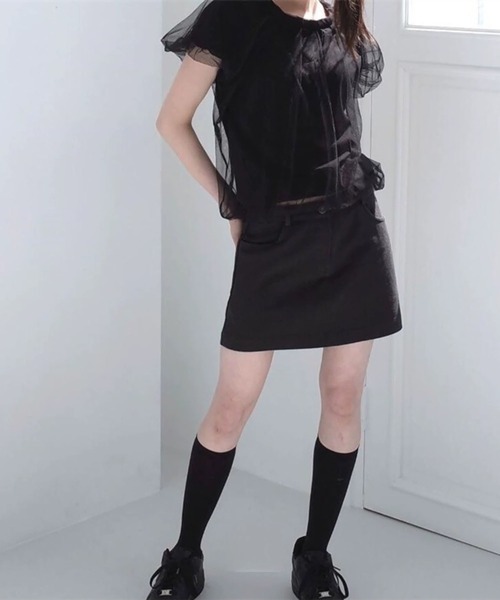 LYEON(リヨン)の「チュールレイヤードTシャツ/チュールドッキングトップス(Tシャツ/カットソー・レディース・アイボリー/ブラック・FREE)」の3枚目の写真