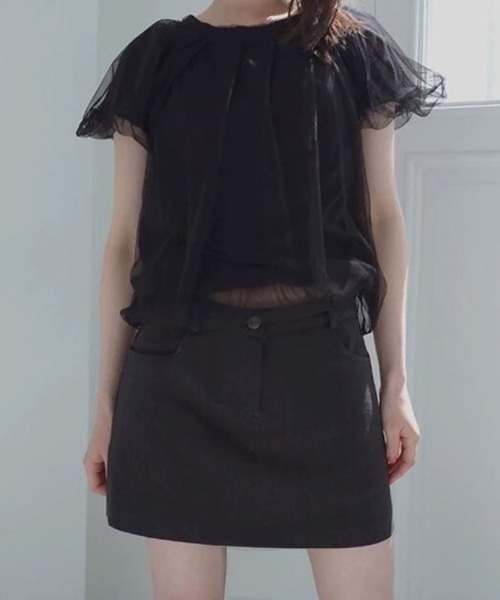 LYEON(リヨン)の「チュールレイヤードTシャツ/チュールドッキングトップス(Tシャツ/カットソー・レディース・アイボリー/ブラック・FREE)」の4枚目の写真