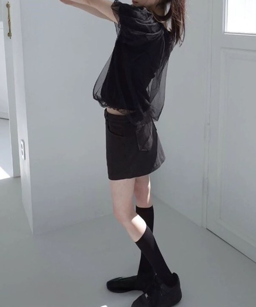 LYEON(リヨン)の「チュールレイヤードTシャツ/チュールドッキングトップス(Tシャツ/カットソー・レディース・アイボリー/ブラック・FREE)」の6枚目の写真