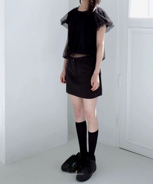 LYEON(リヨン)の「チュールレイヤードTシャツ/チュールドッキングトップス(Tシャツ/カットソー・レディース・アイボリー/ブラック・FREE)」の7枚目の写真