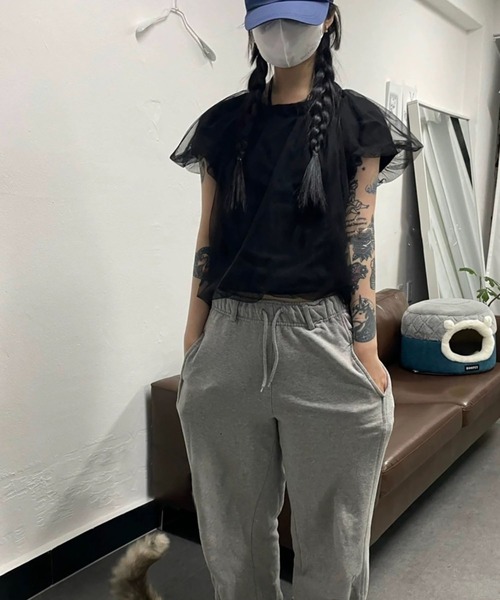 LYEON(リヨン)の「チュールレイヤードTシャツ/チュールドッキングトップス(Tシャツ/カットソー・レディース・アイボリー/ブラック・FREE)」の9枚目の写真
