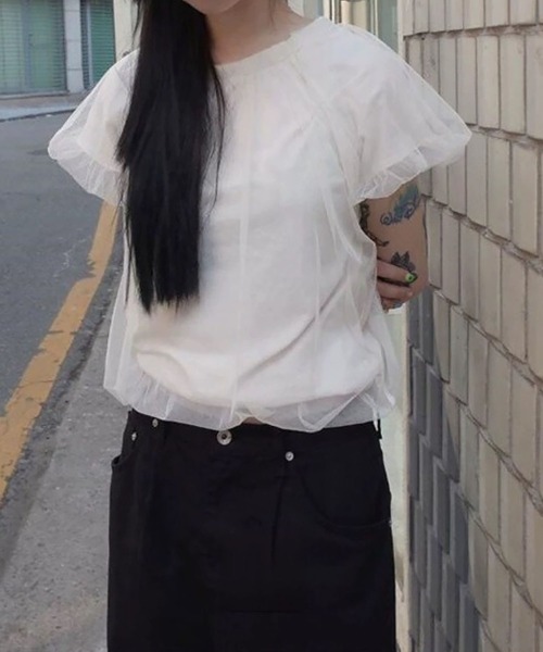 LYEON(リヨン)の「チュールレイヤードTシャツ/チュールドッキングトップス(Tシャツ/カットソー・レディース・アイボリー/ブラック・FREE)」の22枚目の写真