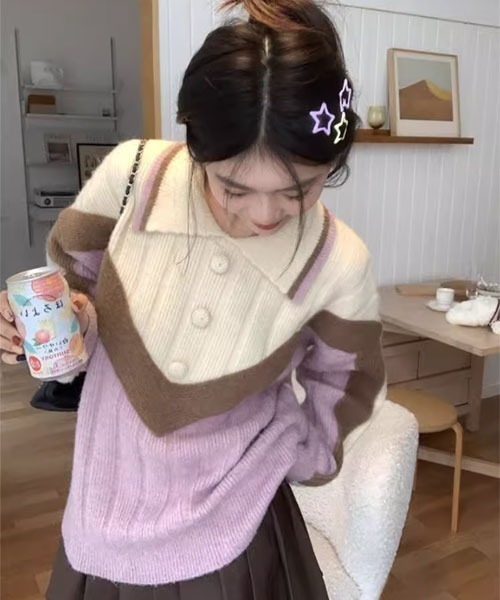 Mayree（メイリー）の「【Mayree】ポロシャツ風 ポロニット ニット（ニット/セーター・レディース・パープル・SMALL/MEDIUM/LARGE）」の4枚目の写真