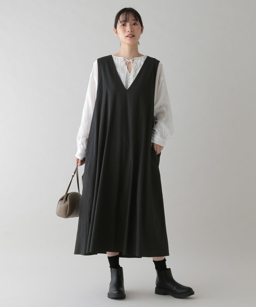 セール】《natural by clip》リネンレーヨンフレアVネックワンピース