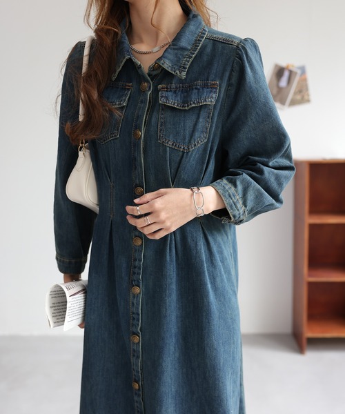 エンジェルスリーブ ワンピース デニム ミモレ丈 韓国 SALE エンジェルスリーブ ワンピース デニム ミモレ丈 韓国 SALE