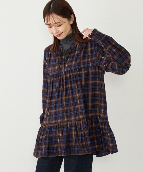 セール】SHIPS Colors: 〈手洗い可能〉起毛 ラメ チェック チュニック