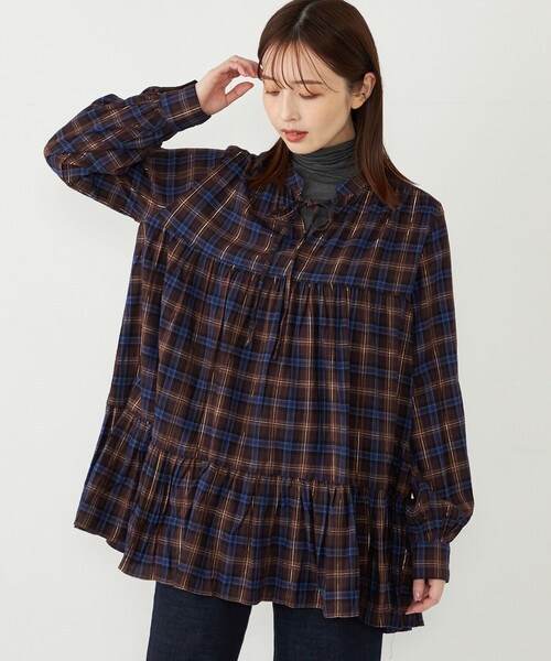 セール】SHIPS Colors: 〈手洗い可能〉起毛 ラメ チェック チュニック