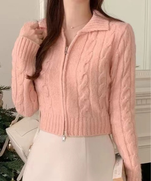 kirakiraShop（キラキラショップ）の「襟付き コンパクト ケーブル ニット カーディガン（カーディガン/ボレロ・レディース・グレー/ブルー/ホワイト/ピンク/ブラック・FREE）」の5枚目の写真