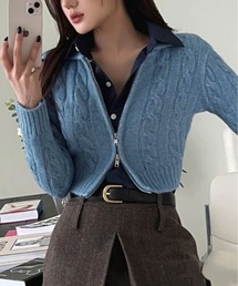 襟付き コンパクト ケーブル ニット カーディガン