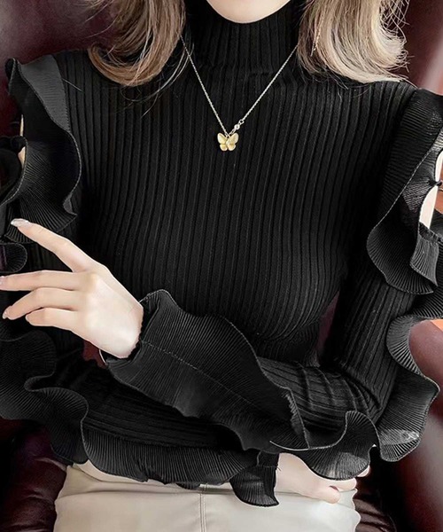 CADBURY（キャドバリー）の「袖プリーツフリルハイネックリブニット（ニット/セーター・レディース・ホワイト/ブラック・FREE）」の3枚目の写真