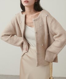 【大人ナチュ】ノーカラービジューニットコート