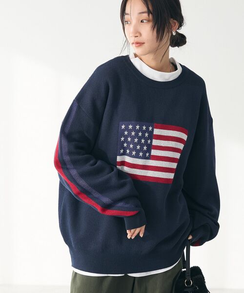 CRAFT STANDARD BOUTIQUE（クラフトスタンダードブティック）の「【ユニセックス】星条旗柄クルーネックニット（ニット/セーター・レディース・ネイビー/アイボリー/杢グレー・M/L/XL）」の9枚目の写真