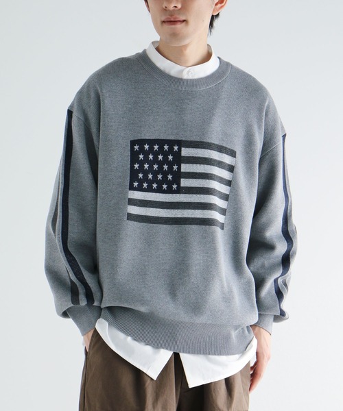 CRAFT STANDARD BOUTIQUE（クラフトスタンダードブティック）の「【ユニセックス】星条旗柄クルーネックニット（ニット/セーター・レディース・ネイビー/アイボリー/杢グレー・M/L/XL）」の2枚目の写真