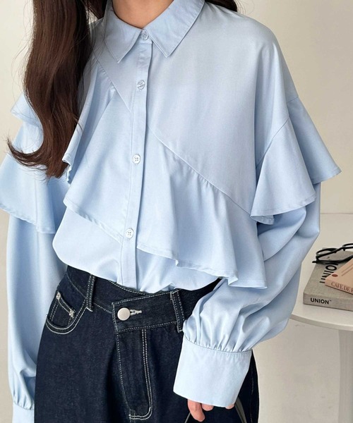 GeeRA(ジーラ)の「アシメデザインフリルシャツ(シャツ/ブラウス・レディース・オフホワイト/ブルー・LARGE/MEDIUM)」の16枚目の写真