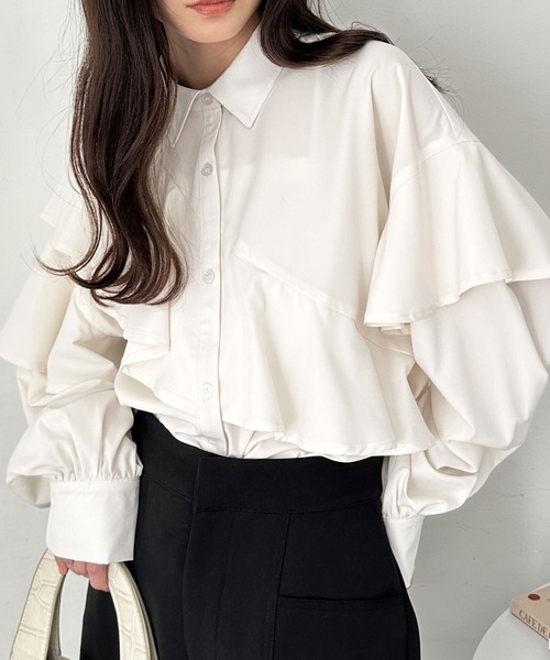 GeeRA(ジーラ)の「アシメデザインフリルシャツ(シャツ/ブラウス・レディース・オフホワイト/ブルー・LARGE/MEDIUM)」の14枚目の写真