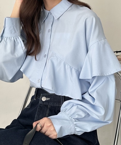 GeeRA(ジーラ)の「アシメデザインフリルシャツ(シャツ/ブラウス・レディース・オフホワイト/ブルー・LARGE/MEDIUM)」の15枚目の写真
