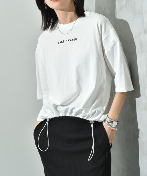 INTERPLANET(インタープラネット)の「ミニロゴプリントデザインドロストTシャツ(Tシャツ/カットソー・レディース・オフホワイト/チャコールグレー・FREE)」の1枚目の写真