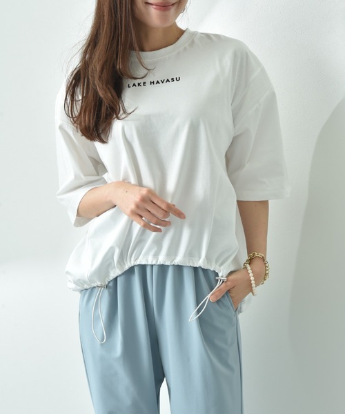 INTERPLANET(インタープラネット)の「ミニロゴプリントデザインドロストTシャツ(Tシャツ/カットソー・レディース・オフホワイト/チャコールグレー・FREE)」の12枚目の写真