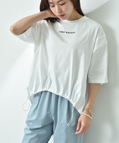 INTERPLANET(インタープラネット)の「ミニロゴプリントデザインドロストTシャツ(Tシャツ/カットソー・レディース・オフホワイト/チャコールグレー・FREE)」の16枚目の写真