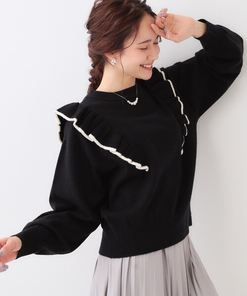 Cutie Blonde（キューティーブロンド）の「【S-LL】配色フリルにきゅんとする ハイゲージニット（ニット/セーター・レディース・ブラック/ベビーピンク・01/02/03/04）」の2枚目の写真