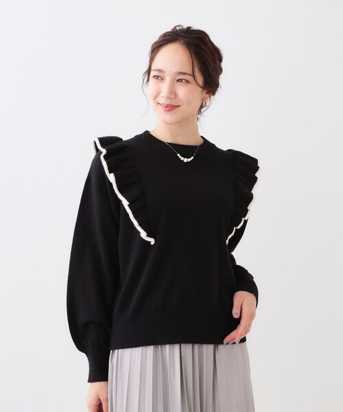 Cutie Blonde（キューティーブロンド）の「【S-LL】配色フリルにきゅんとする ハイゲージニット（ニット/セーター・レディース・ブラック/ベビーピンク・01/02/03/04）」の11枚目の写真