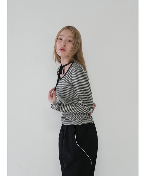 Uenui（ウニュイ）の「【 cunii 】リボンストラップ ボーダー パフスリーブ トップス ロンT 長袖カットソー（Tシャツ/カットソー・レディース・ブラック/グレー・FREE）」の21枚目の写真