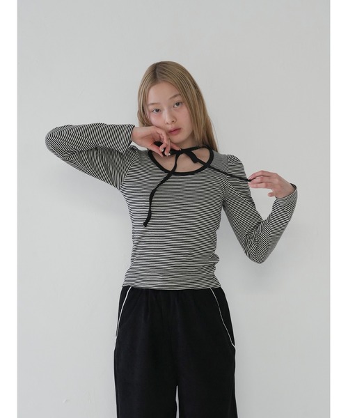 Uenui（ウニュイ）の「【 cunii 】リボンストラップ ボーダー パフスリーブ トップス ロンT 長袖カットソー（Tシャツ/カットソー・レディース・ブラック/グレー・FREE）」の16枚目の写真