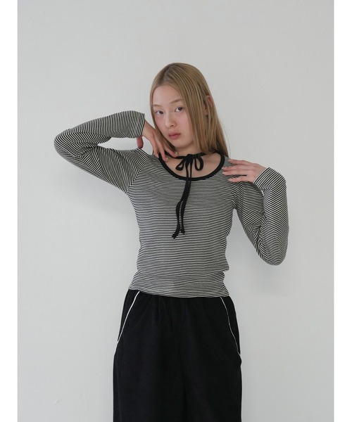 Uenui（ウニュイ）の「【 cunii 】リボンストラップ ボーダー パフスリーブ トップス ロンT 長袖カットソー（Tシャツ/カットソー・レディース・ブラック/グレー・FREE）」の12枚目の写真