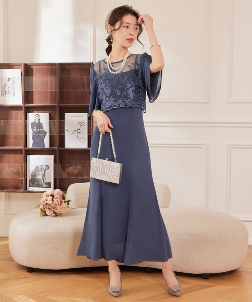 DRESS PLUS(ドレスプラス)の「レイヤードワンピース 花柄刺繍 パーティー(ドレス・レディース・スモークピンク/アッシュグレー/ネイビー・S/M/L/XL/XXL)」の5枚目の写真