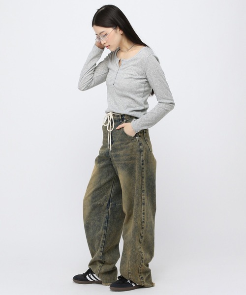 3.3 Field Trip (3.3フィールドトリップ)の「3.3 Field Trip/ボタンUネック長袖T(Tシャツ/カットソー・レディース・グレー/アイボリー・FREE)」の9枚目の写真