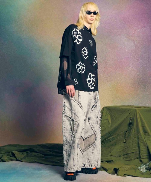 UNISEX》Flower Hand-Printed Oversized Stitched Crew Neck T
