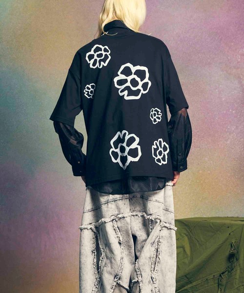 【mw@様】ハンドメイド　オーダー分 UNISEX》Flower Hand-Printed Oversized Stitched Crew Neck T