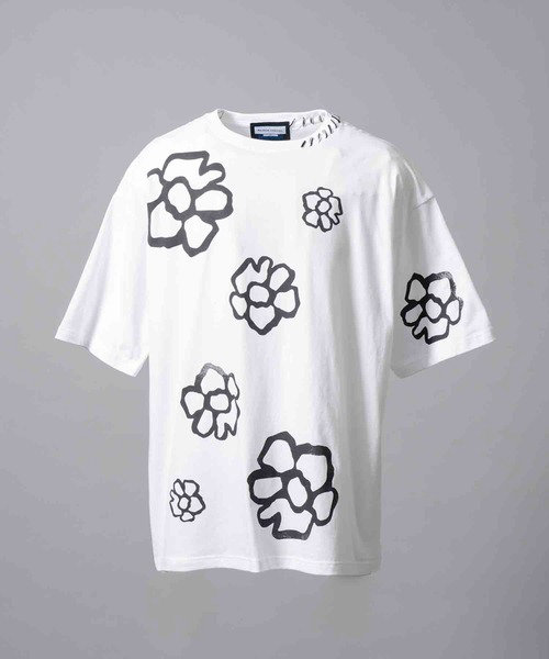 UNISEX》Flower Hand-Printed Oversized Stitched Crew Neck T