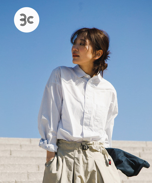 EKAL(エカル)の「オーガニックコットンロングスリーブストライプシャツ(シャツ/ブラウス・レディース・ホワイト/グレー・ONE)」の1枚目の写真