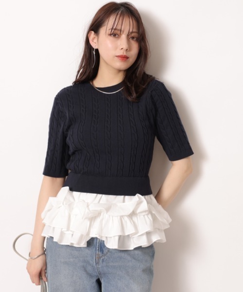 Mystrada(マイストラーダ)の「ペプラムドッキングニット(ニット/セーター・レディース・ライトグレー/ネイビー・38)」の3枚目の写真