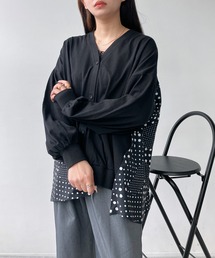 ●異素材切替えVネックカーディガン バックデザイン ゆったり体型カバー